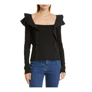 Veronica Beard Gidea Ruffle Mixed Media Knit Top Black Long Sleeve Womens Size M